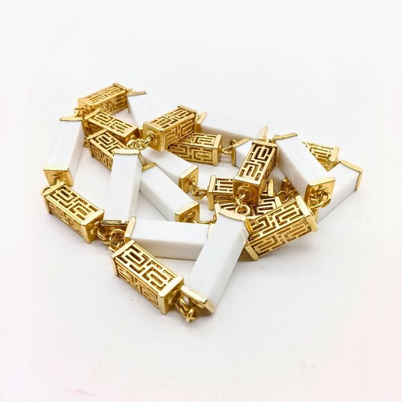 Vintage Gold and White Geometric Necklace with Intricate Rectangular Links - Picture 4 of 4